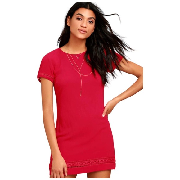 Lulus Womens XS Perfect Time Shift Dress Short Sleeve Gauzy Embroidered Red - Picture 14 of 16